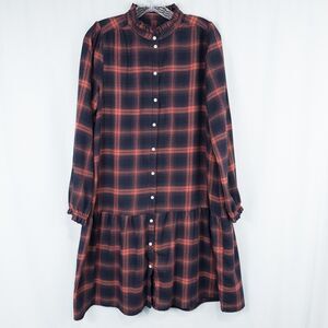Loft Plaid Drop Waist Shirt Dress Small Tall Navy Blue Pink Cottage Prairie
